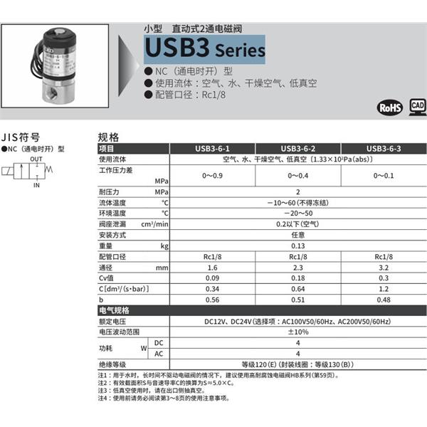 CKD喜開理多種流體小型直動式2通電磁閥USB3-6-1-V-DC24V