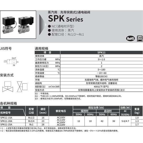 CKD喜開(kāi)理蒸汽用先導(dǎo)突跳式2通電磁閥SPK11-20G-K4A-AC100V