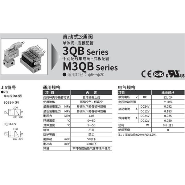 CKD喜開理直動式3通電磁閥M3QB180-M5-C22H-2-3
