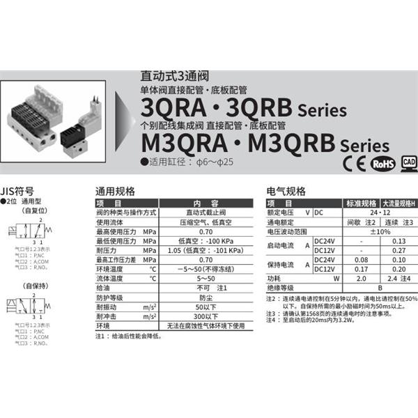 CKD喜開理直動式3通電磁閥3QRA119-M5-D22H-4