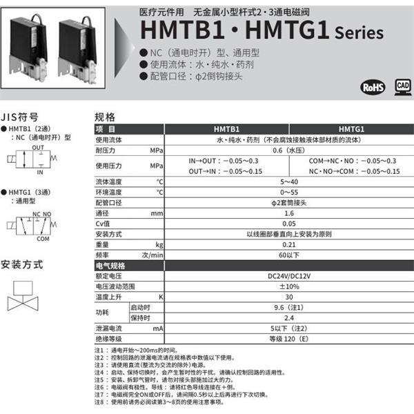 CKD喜開理醫(yī)療儀器用無金屬小型桿式2?3通電磁閥HMTB1-2TN-PF-DC12V