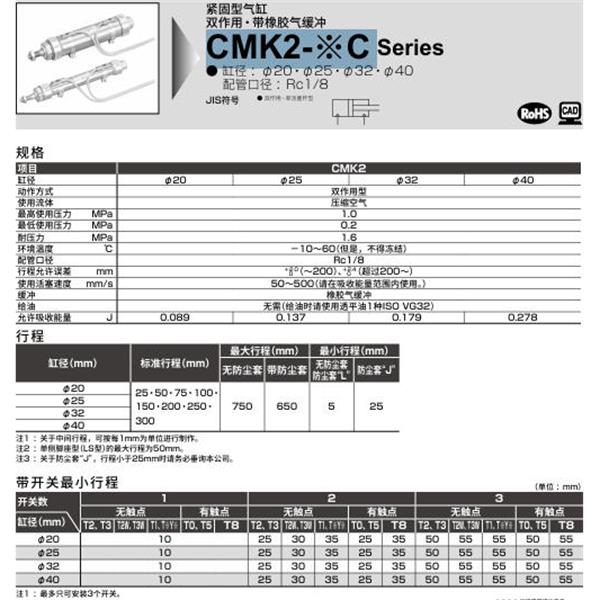 CKD喜開理緊固型氣缸CMK2-LS-25C-100-T0H-R-JI