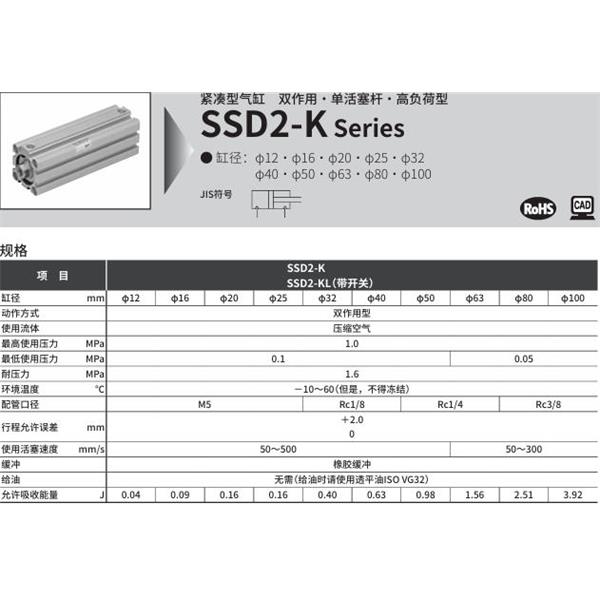 CKD喜開理緊湊型氣缸SSD2-K-40-10-N-LB-I