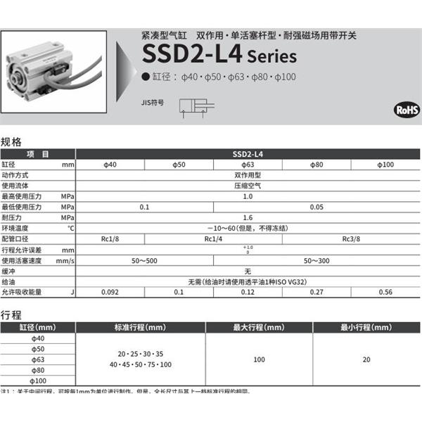 CKD喜開理緊湊型氣缸SSD2-L4-80-40-V0-D-N-LB-I