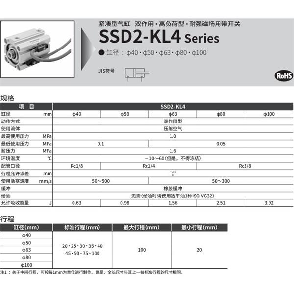 CKD喜開理緊湊型氣缸SSD2-KL4-80-40-V0-D-N-LB-I