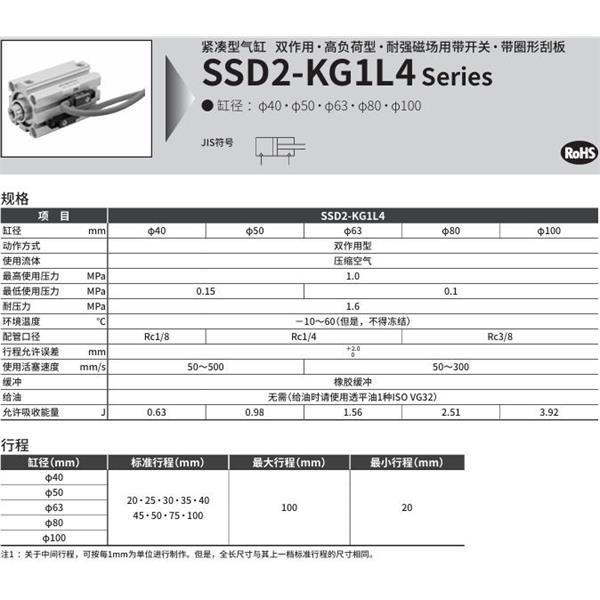 CKD喜開理緊湊型氣缸SSD2-KG1L4-80-40-V0-D-N-LB-I