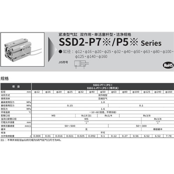 CKD喜開理緊湊型氣缸SSD2-L-100-5-T0H-R-NP5
