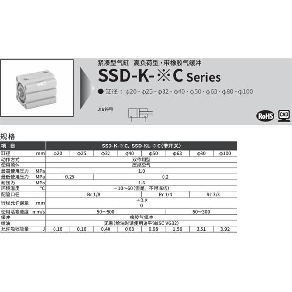 CKD喜開理超級緊湊型氣缸SSD-KL-25C-10-T0H-R-N-LB-I