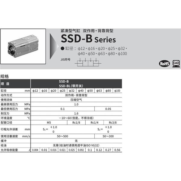 CKD喜開理超級緊湊型氣缸SSD-BL1-12-5-T0H-R-N-10-T0H-R-N-I
