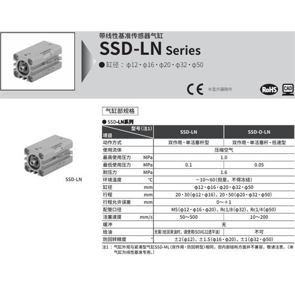 CKD喜開理扁平緊湊型氣缸SSD-LN-1620-10HC125LDSDN